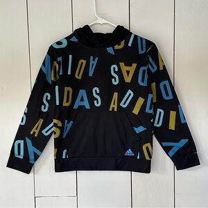 Adidas Allover Print Pullover Hoodie Boy’s Medium Pockets Logo Black Blue Yellow